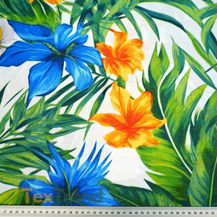 Baumwolle 100% große schimmernde Hibiskusblüten in saphir-orange - 220 cm  