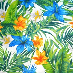 Baumwolle 100% große schimmernde Hibiskusblüten in saphir-orange - 220 cm  