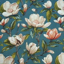 Baumwolle 100% Magnolienblumen beige auf meeresfarbenem Hintergrund  