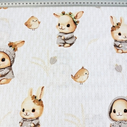 Baumwolle 100% beige Kaninchen mit Vögeln auf weißem Hintergrund  