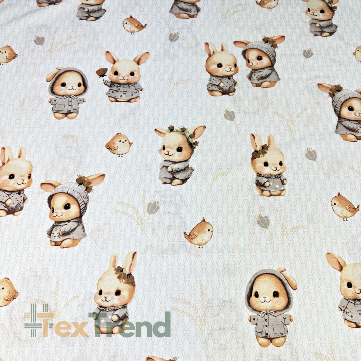 Baumwolle 100% beige Kaninchen mit Vögeln auf weißem Hintergrund  