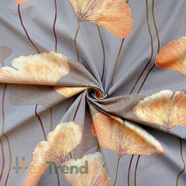 100% Baumwolle Ginkgo-Blätter orange auf beige Hintergrund  