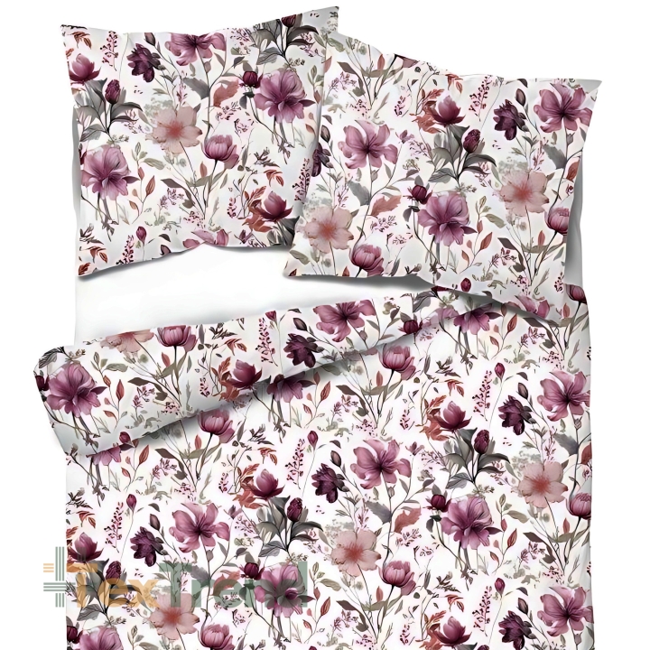 Baumwollsatin mit Blumenmuster in rosa und beige auf weißem Hintergrund