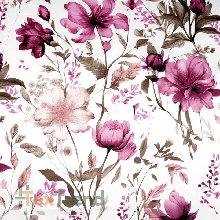 Baumwollsatin mit Blumenmuster in rosa und beige auf weißem Hintergrund