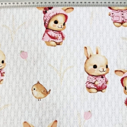 Baumwolle 100% rosa Kaninchen mit Vögeln auf weißem Hintergrund  