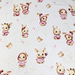 Baumwolle 100% rosa Kaninchen mit Vögeln auf weißem Hintergrund  