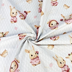 Baumwolle 100% rosa Kaninchen mit Vögeln auf weißem Hintergrund  