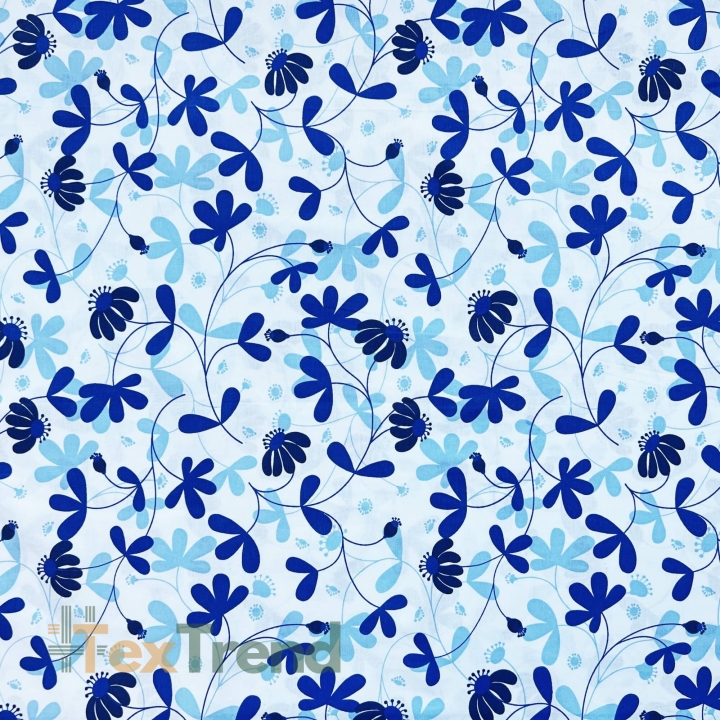 100% Baumwolle Blumen in saphirblau auf weißem Hintergrund  