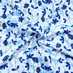 100% Baumwolle Blumen in saphirblau auf weißem Hintergrund  