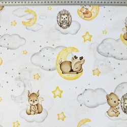 Baumwolle 100% Tiere auf gelben Monden und Wolken auf weißem Hintergrund  