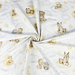 Baumwolle 100% Tiere auf gelben Monden und Wolken auf weißem Hintergrund  