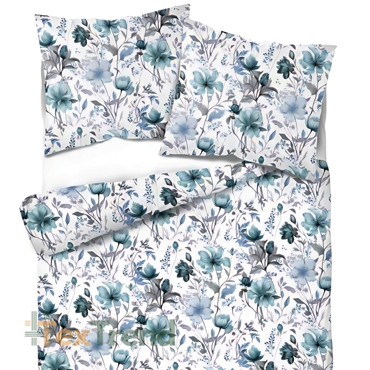 Baumwollsatin mit Blumenmuster in grün und grau auf weißem Hintergrund