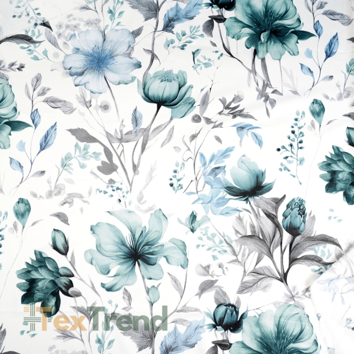 Baumwollsatin mit Blumenmuster in grün und grau auf weißem Hintergrund