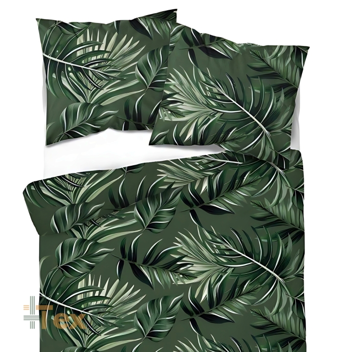 Muster-Satin aus Baumwolle mit großen grünen Blättern und Glitzer  