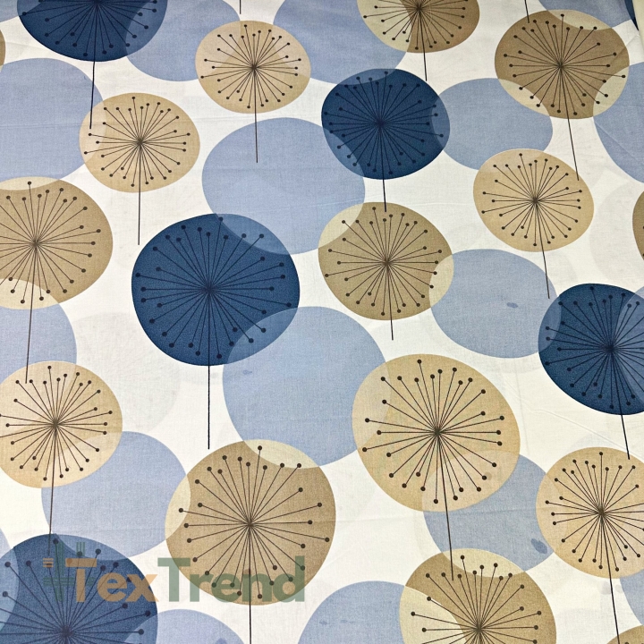 Baumwolle 100% beige-dunkelblaue Pusteblumen auf weißem Hintergrund  