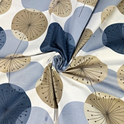 Baumwolle 100% beige-dunkelblaue Pusteblumen auf weißem Hintergrund  