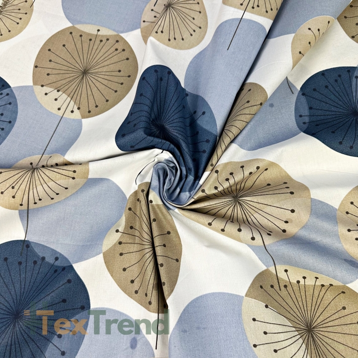 Baumwolle 100% beige-dunkelblaue Pusteblumen auf weißem Hintergrund  