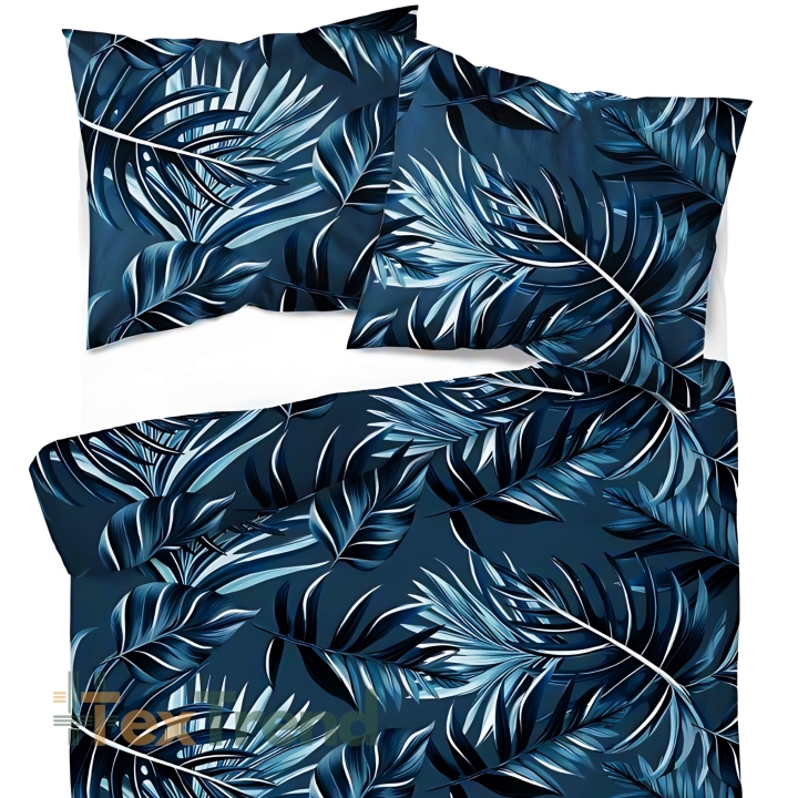 Baumwollsatin mit großem blauen Blattmuster und Glitzer