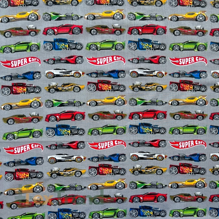 100% Baumwolle Super Cars auf grauem Hintergrund  