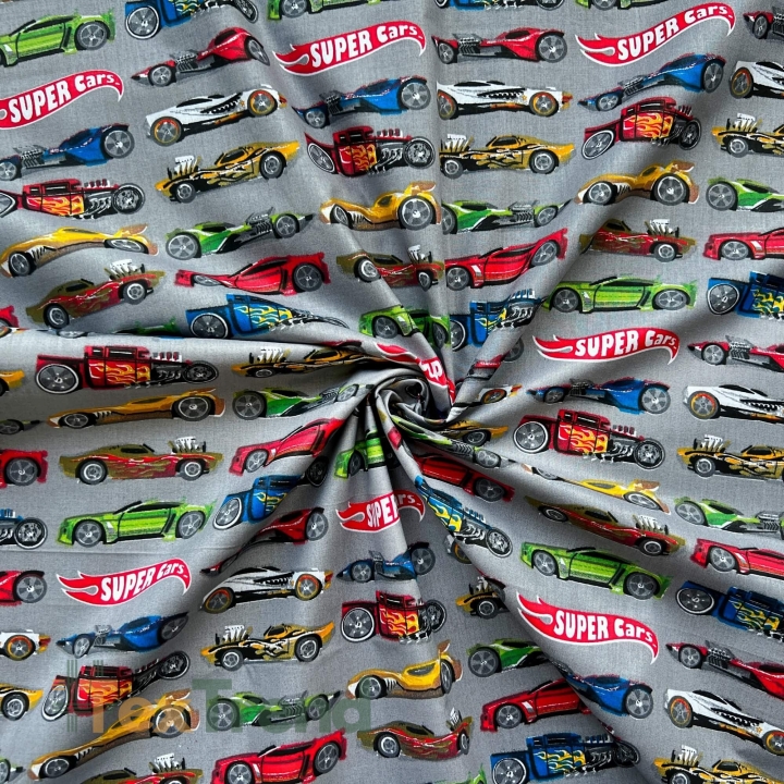 100% Baumwolle Super Cars auf grauem Hintergrund  