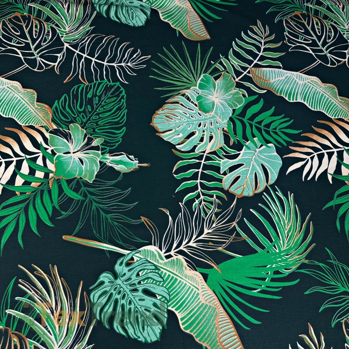 Baumwolle 100% Monstera- und Bananenblätter mit Blumen auf grünem Hintergrund  