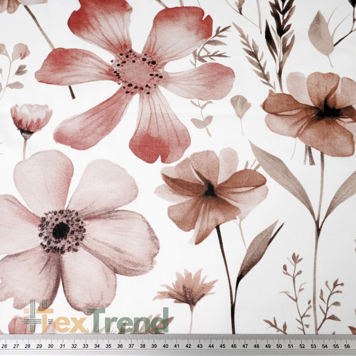 Muster-Satin aus Baumwolle mit braun-beigen Wiesenblumen auf weißem Hintergrund  
