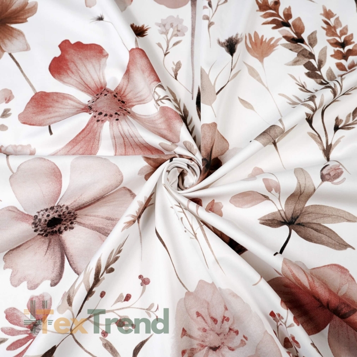 Muster-Satin aus Baumwolle mit braun-beigen Wiesenblumen auf weißem Hintergrund  