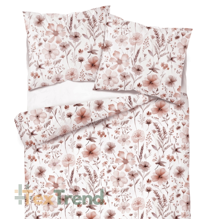 Muster-Satin aus Baumwolle mit braun-beigen Wiesenblumen auf weißem Hintergrund  