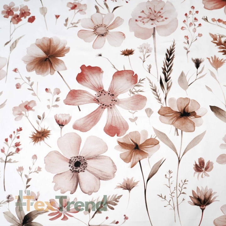 Muster-Satin aus Baumwolle mit braun-beigen Wiesenblumen auf weißem Hintergrund  