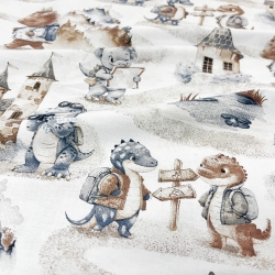 100% Baumwolle Dinosaurier dunkelblau-braun auf Ausflug auf weißem Hintergrund  