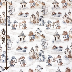 100% Baumwolle Dinosaurier dunkelblau-braun auf Ausflug auf weißem Hintergrund  