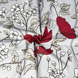 Baumwolle 100% große rote Blumen mit ecru Blumen auf grauem Hintergrund  