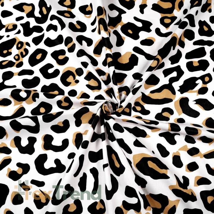 Baumwolle 100% Leopardenmuster beige-schwarz auf weißem Hintergrund  