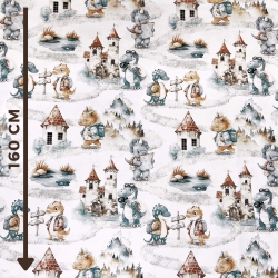 100% Baumwolle Dinosaurier orange-grün auf Ausflug auf weißem Hintergrund  