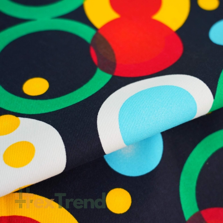 Liegegewebe bunte Kreise auf navyblauem Hintergrund  