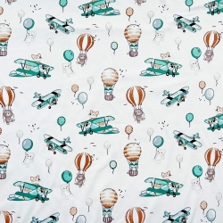 Interlock-Jersey Digitaldruck - Kuscheltiere in Flugzeugen und Ballons auf weißem Hintergrund  