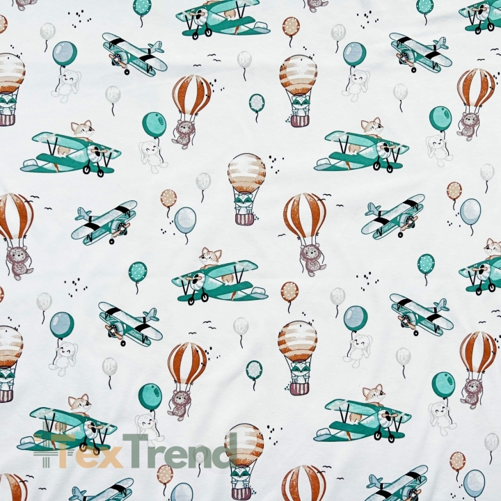 Interlock-Jersey Digitaldruck - Kuscheltiere in Flugzeugen und Ballons auf weißem Hintergrund  