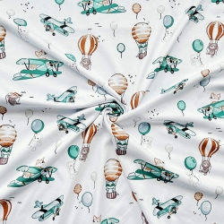 Interlock-Jersey Digitaldruck - Kuscheltiere in Flugzeugen und Ballons auf weißem Hintergrund  