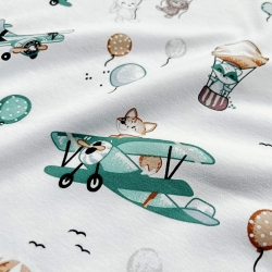 Interlock-Jersey Digitaldruck - Kuscheltiere in Flugzeugen und Ballons auf weißem Hintergrund  
