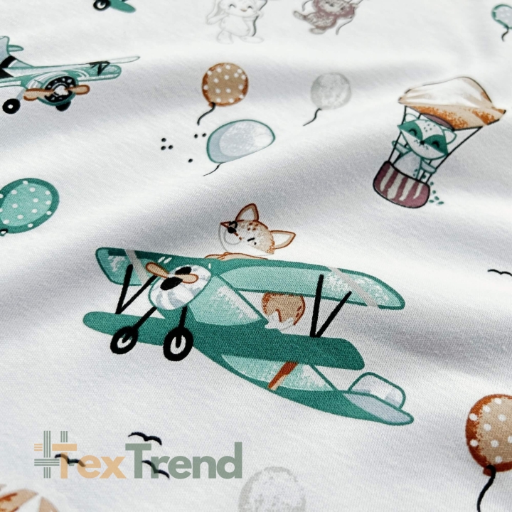 Interlock-Jersey Digitaldruck - Kuscheltiere in Flugzeugen und Ballons auf weißem Hintergrund  