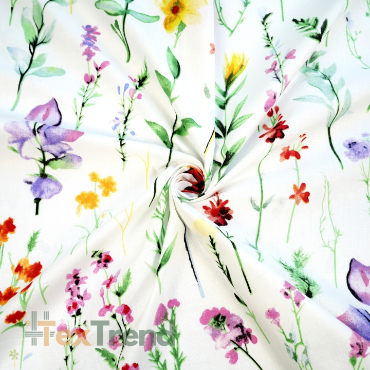 Baumwolle 100% bunte Wiesenblumen mit Zweigen auf weißem Hintergrund  