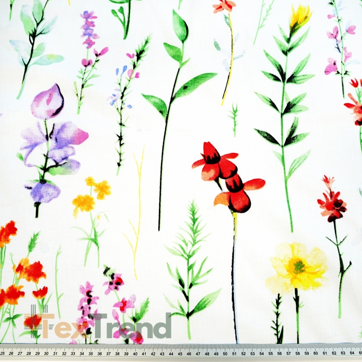 Baumwolle 100% bunte Wiesenblumen mit Zweigen auf weißem Hintergrund  