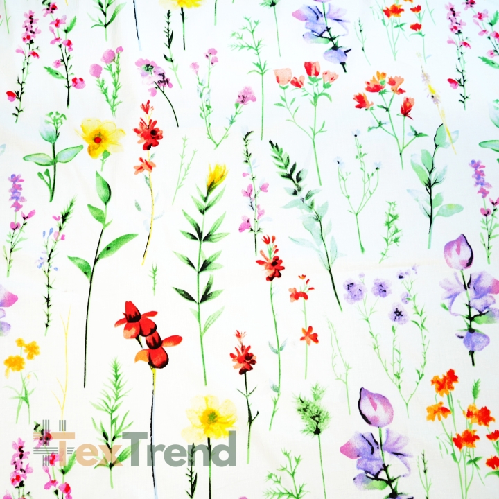 Baumwolle 100% bunte Wiesenblumen mit Zweigen auf weißem Hintergrund  