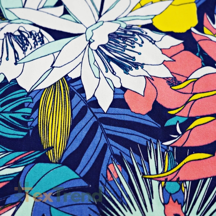 Liegegewebe tropische Blumen auf navyblauem Hintergrund  