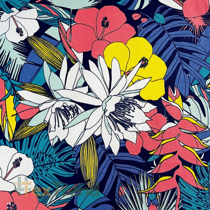 Liegegewebe tropische Blumen auf navyblauem Hintergrund  