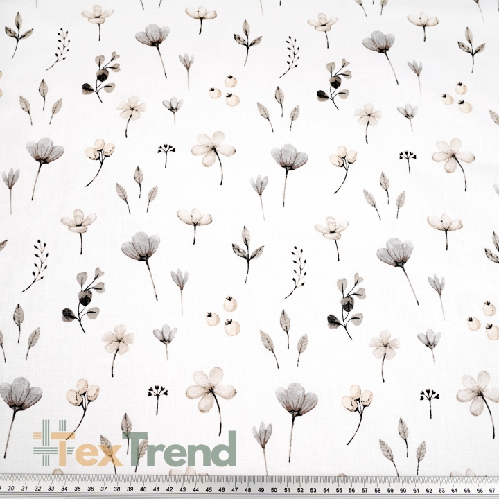 Baumwolle 100% grau-beige Wiesenblumen auf weißem Hintergrund  