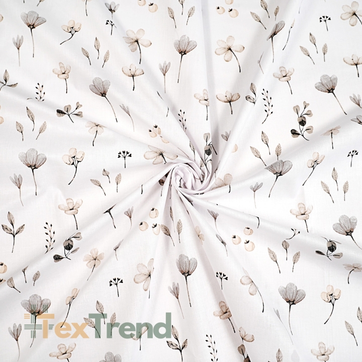 Baumwolle 100% grau-beige Wiesenblumen auf weißem Hintergrund  