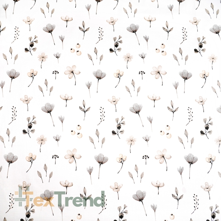 Baumwolle 100% grau-beige Wiesenblumen auf weißem Hintergrund  