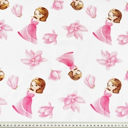 Baumwolle 100% Prinzessinnen mit Blumen rosa auf weißem Hintergrund  