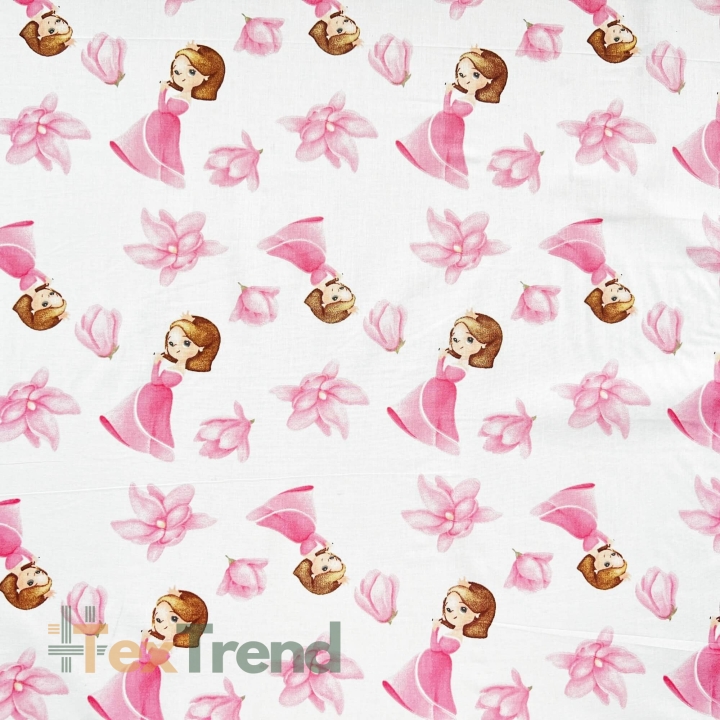 Baumwolle 100% Prinzessinnen mit Blumen rosa auf weißem Hintergrund  